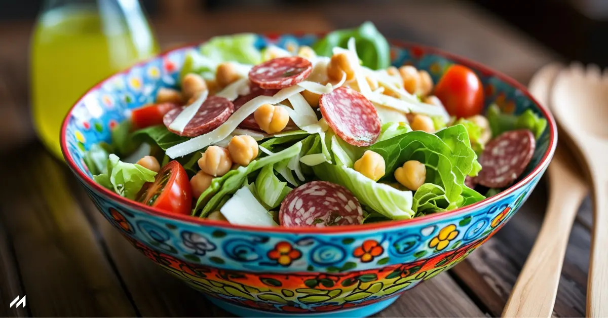 Wolfgang’s Beverly Hills Chopped Salad A vibrant salad with mixed greens, cherry tomatoes, chickpeas, salami slices, and Parmesan cheese in a colorful decorative bowl.