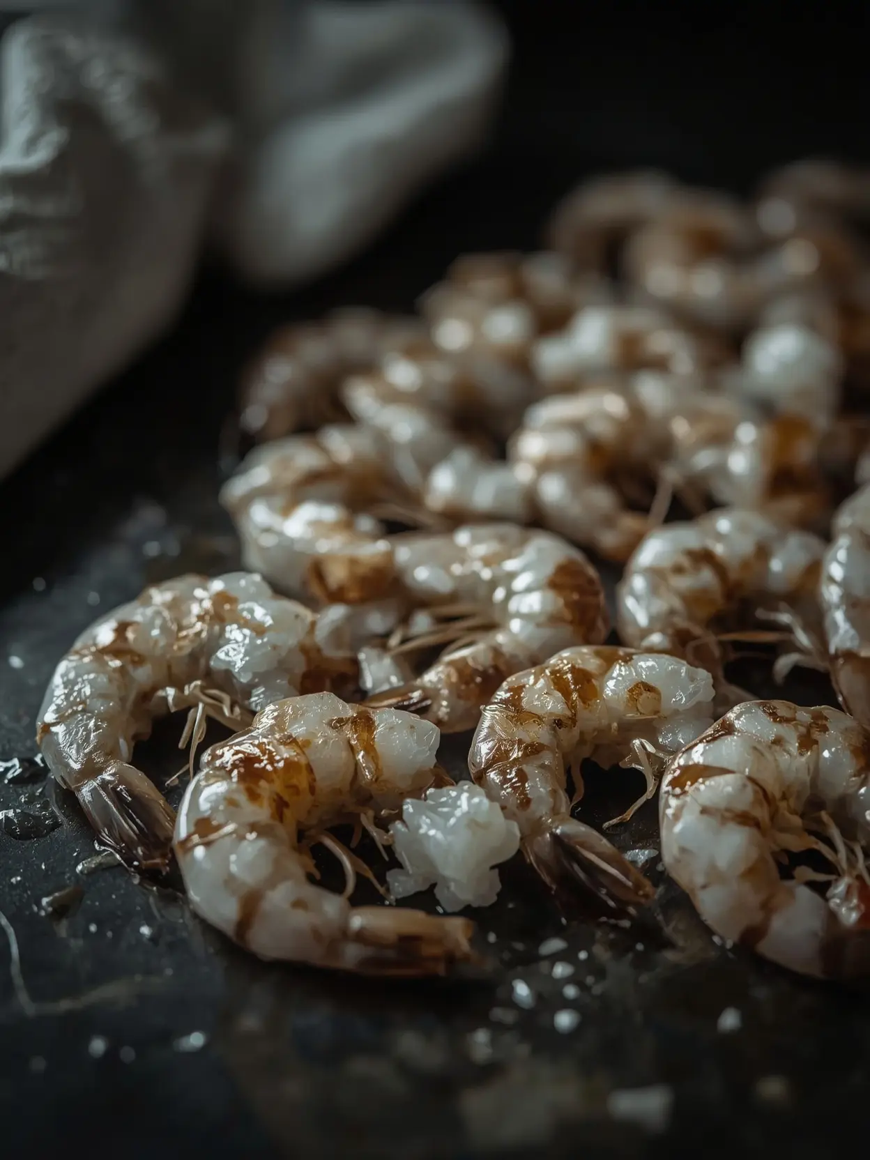 Are Those White Spots on Your Shrimp Safe A close-up of fresh shrimp with a shiny shell, arranged on a dark surface with scattered salt, highlighting their translucent details.