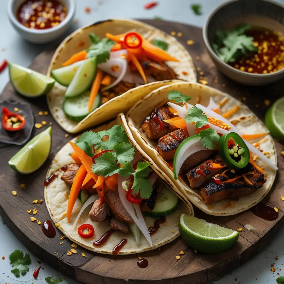 Three flavorful tacos filled with grilled meat, vibrant vegetables, and garnished with herbs, served with lime and dipping sauce.