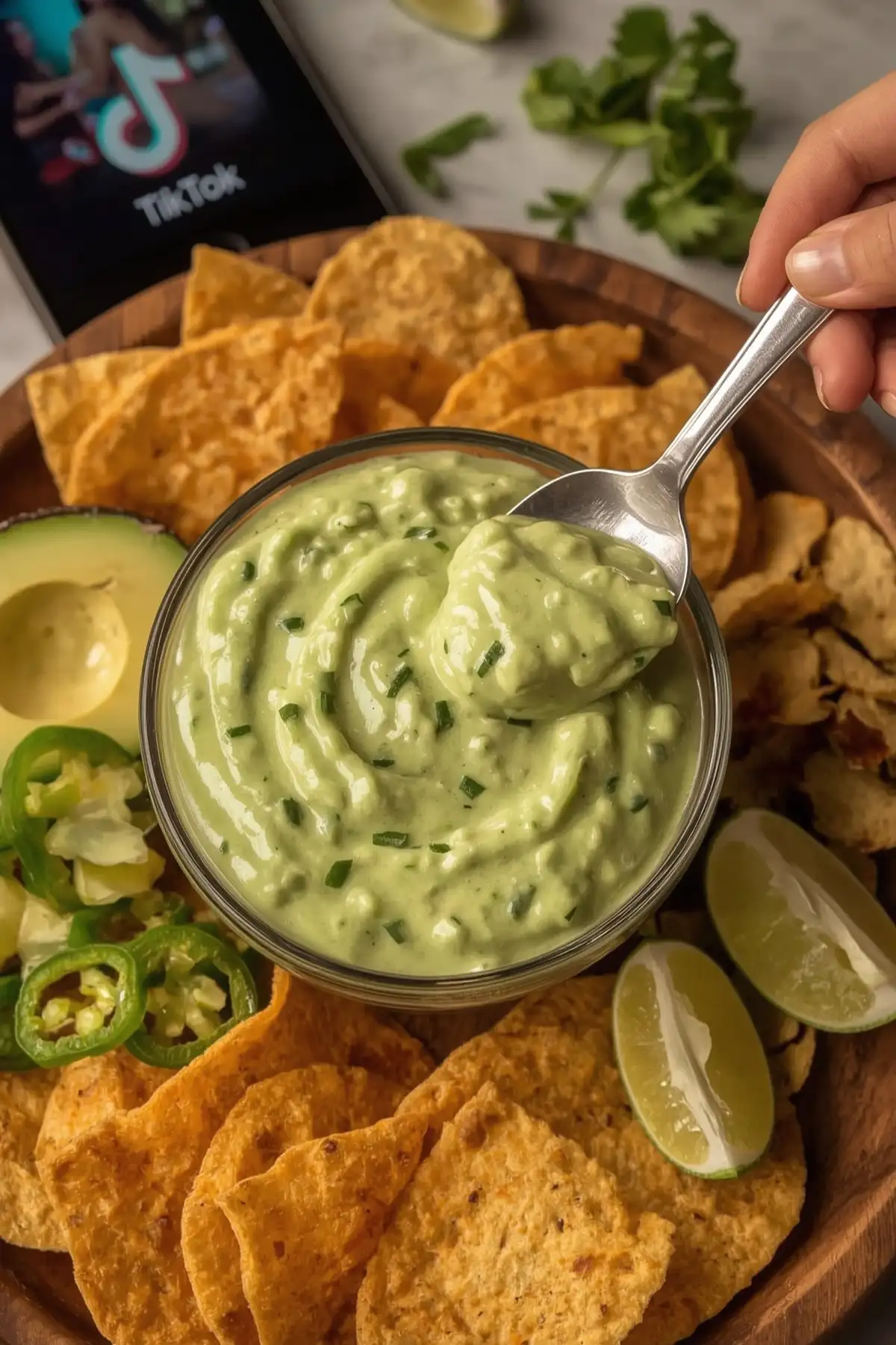 A bowl of creamy Cardi B’s Viral Avocado Dip with chives, surrounded by tortilla chips, jalapeños, lime slices, and a smartphone displaying TikTok.