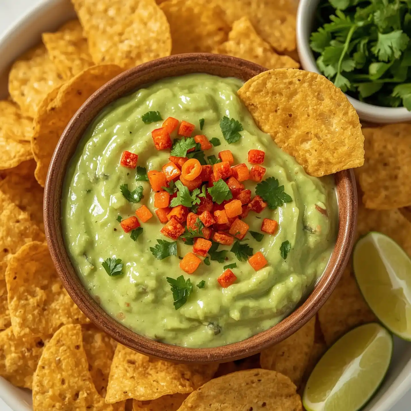 A bowl of Cardi B’s Viral Avocado Dip garnished with diced carrots and cilantro, surrounded by crispy tortilla chips and lime wedges.