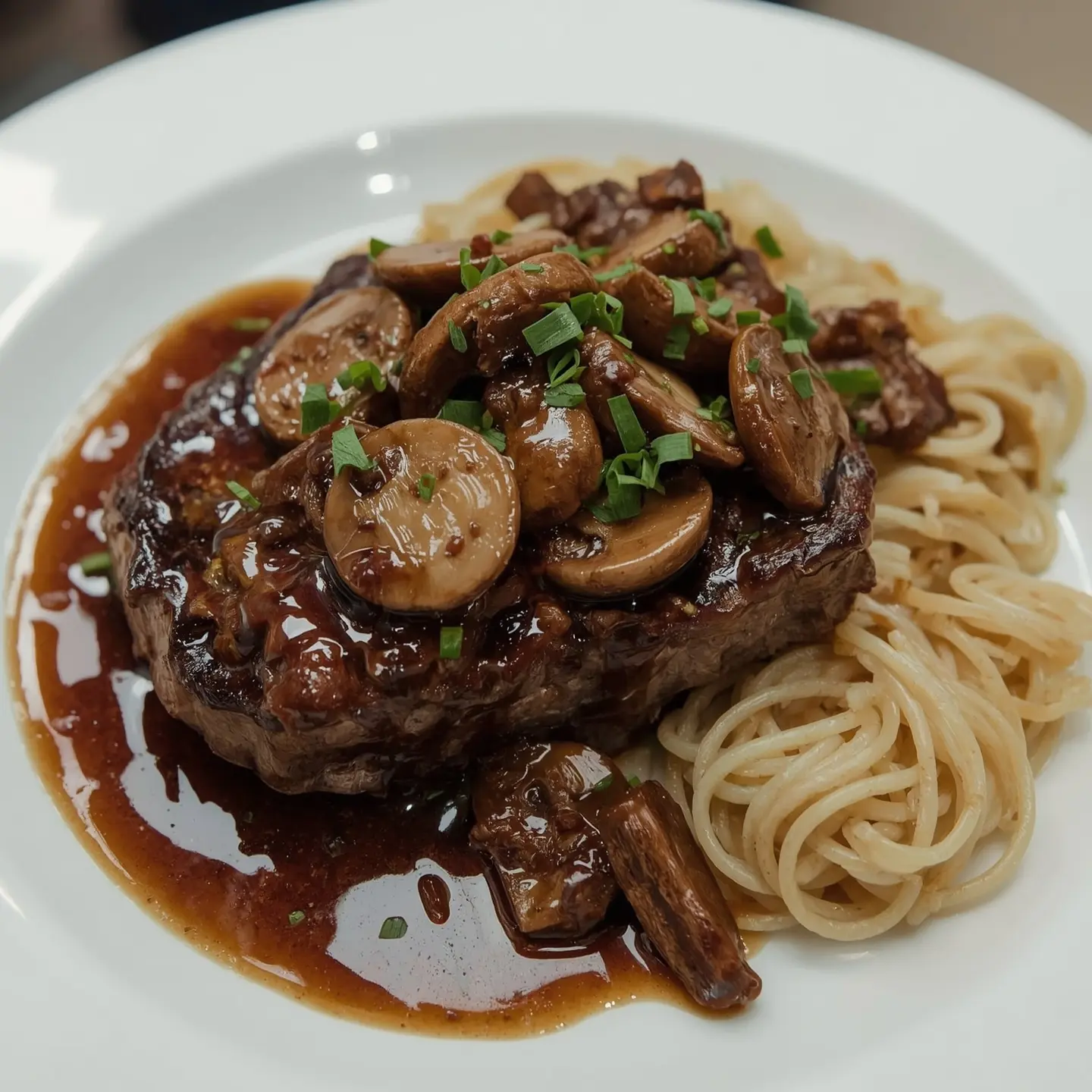 Labouchere Sauce Recipe 2 A tender beef steak topped with sautéed mushrooms and green onions, served over a bed of pasta, drizzled with rich sauce.