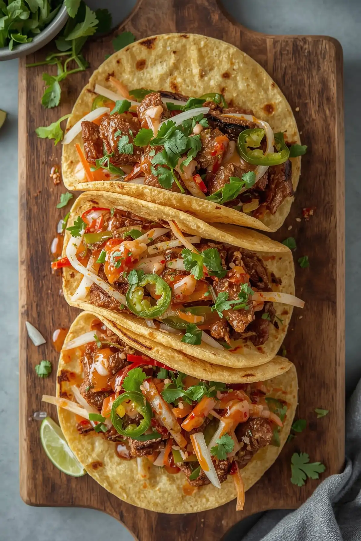 Three colorful tacos filled with seasoned meat, fresh vegetables, and garnished with cilantro on a wooden serving board. Vietnamese Mexican Fusion Recipes