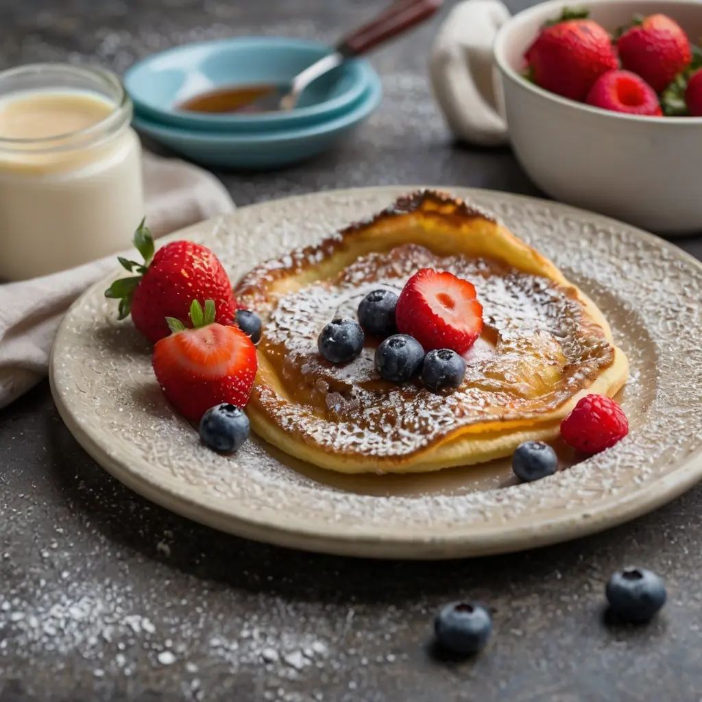 A plate of golden, fluffy pancake topped with fresh strawberries, blueberries, and raspberries, dusted with powdered sugar.
