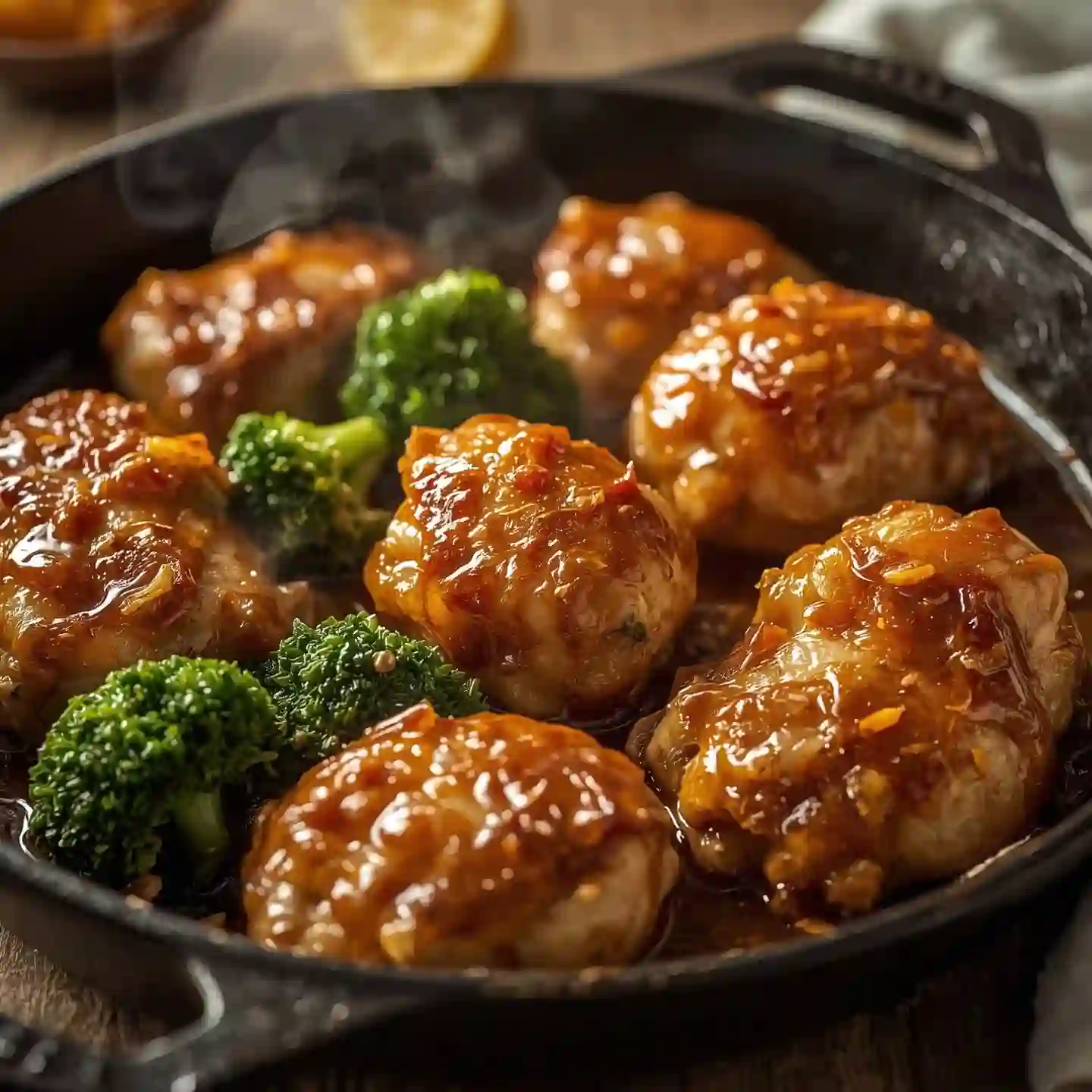 A sizzling cast iron skillet filled with glazed chicken meatballs and vibrant broccoli, emitting steam and showcasing rich, savory colors.
