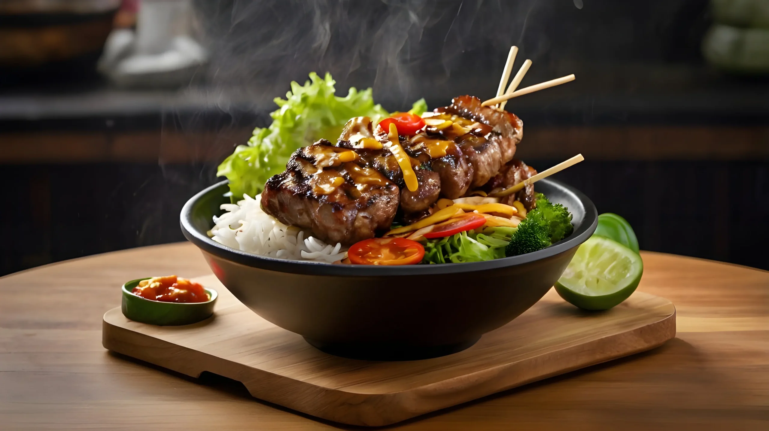 A steaming bowl of Waba grilled skewered meat atop rice, surrounded by fresh vegetables and a side of dipping sauce on a wooden board.