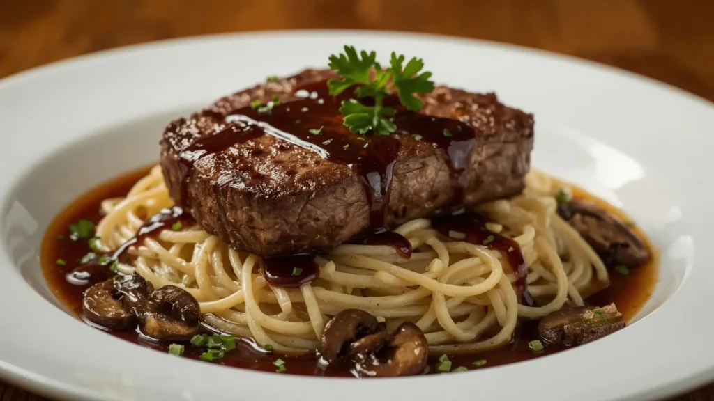 Labouchere Sauce Recipe 1 A juicy steak served over a bed of spaghetti, topped with rich Labouchere Sauce and garnished with fresh parsley, with sautéed mushrooms and a glossy sauce pooling around the pasta.