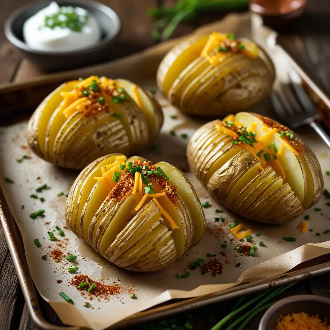 Longhorn Steakhouse Sliced Baked Potatoes 1 Four baked hasselback potatoes topped with cheese, chives, and seasoning, served on a parchment-lined tray with sour cream in the background.