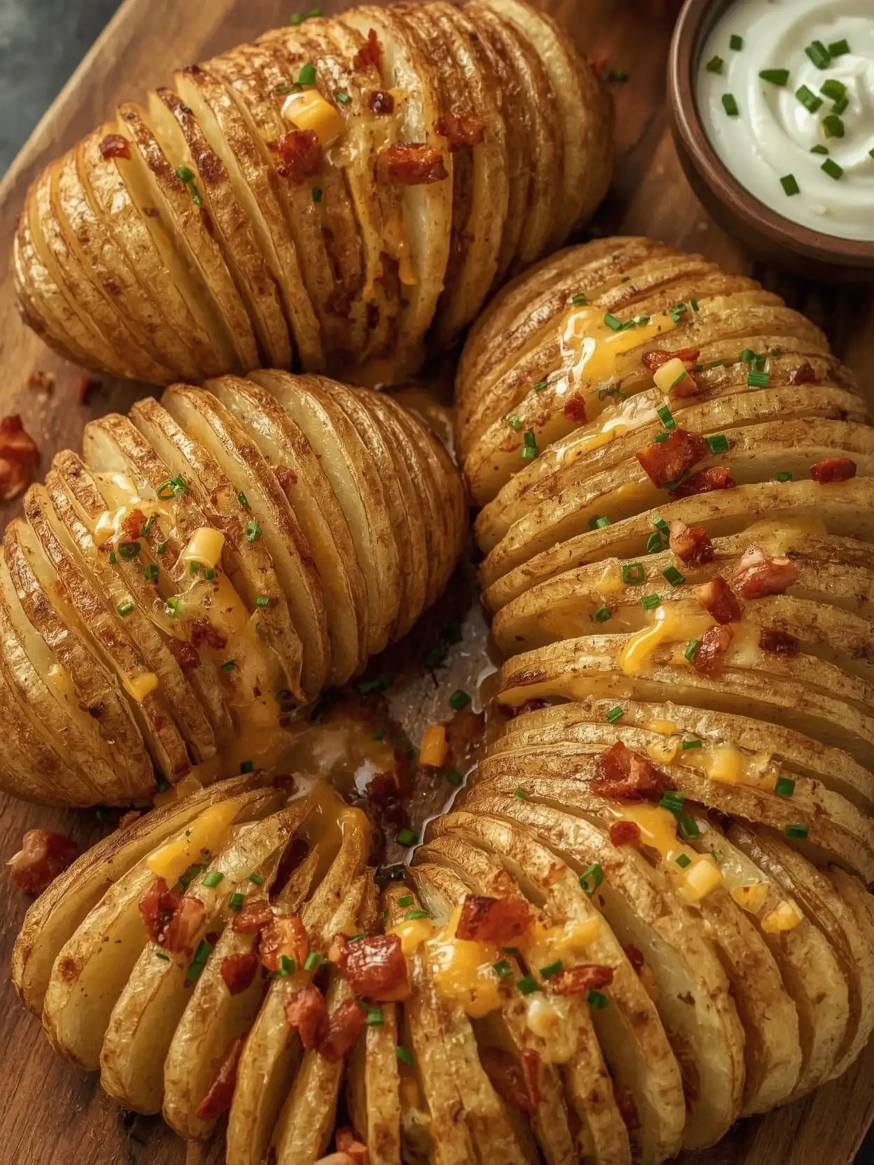 Three crispy, baked hasselback potatoes topped with cheese, bacon bits, and chives, served with a side of sour cream.