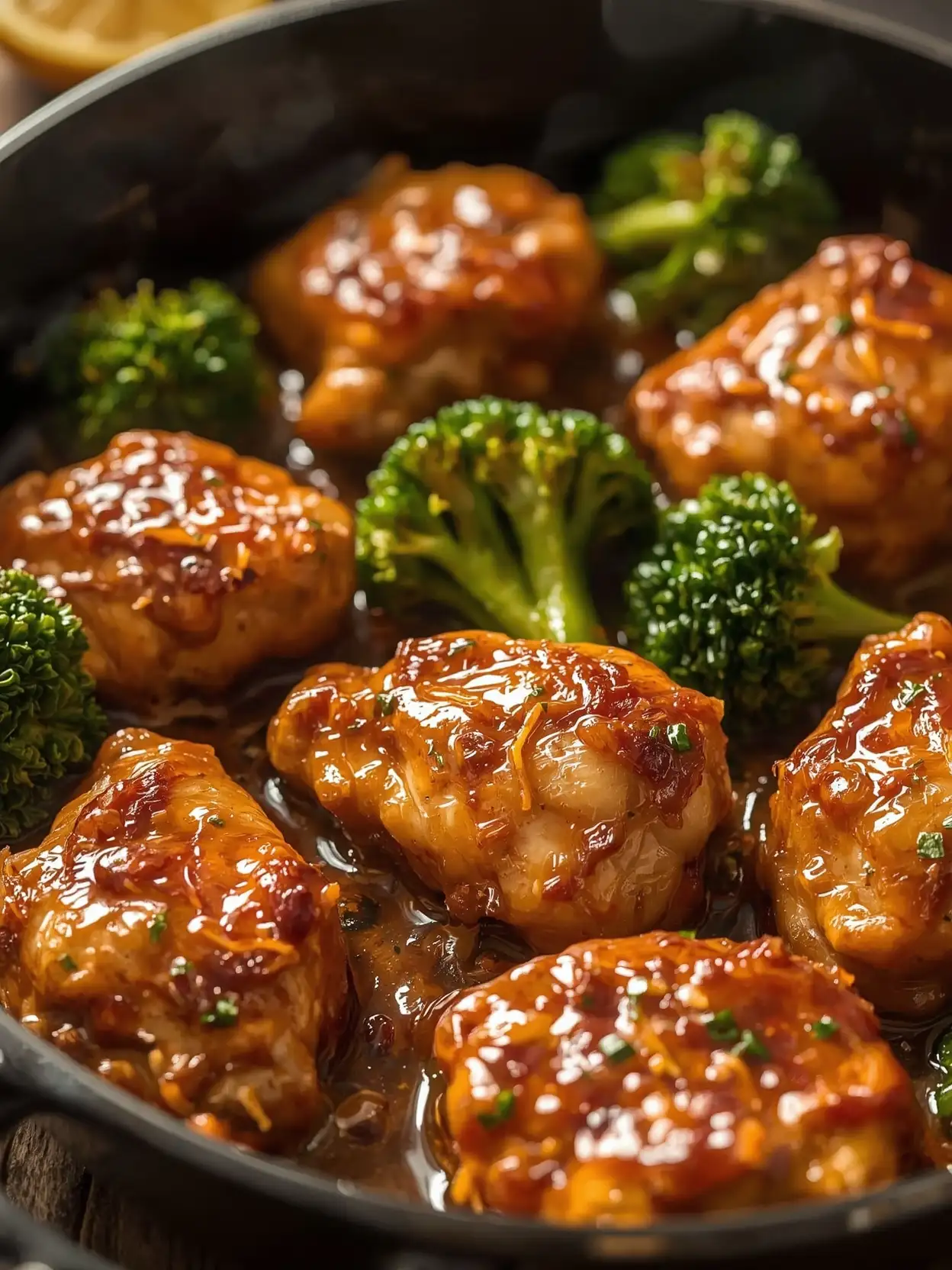 Savory chicken thighs glazed in a rich sauce, paired with vibrant green broccoli, served in a cast iron skillet. Crispy One Pan Orange Chicken
