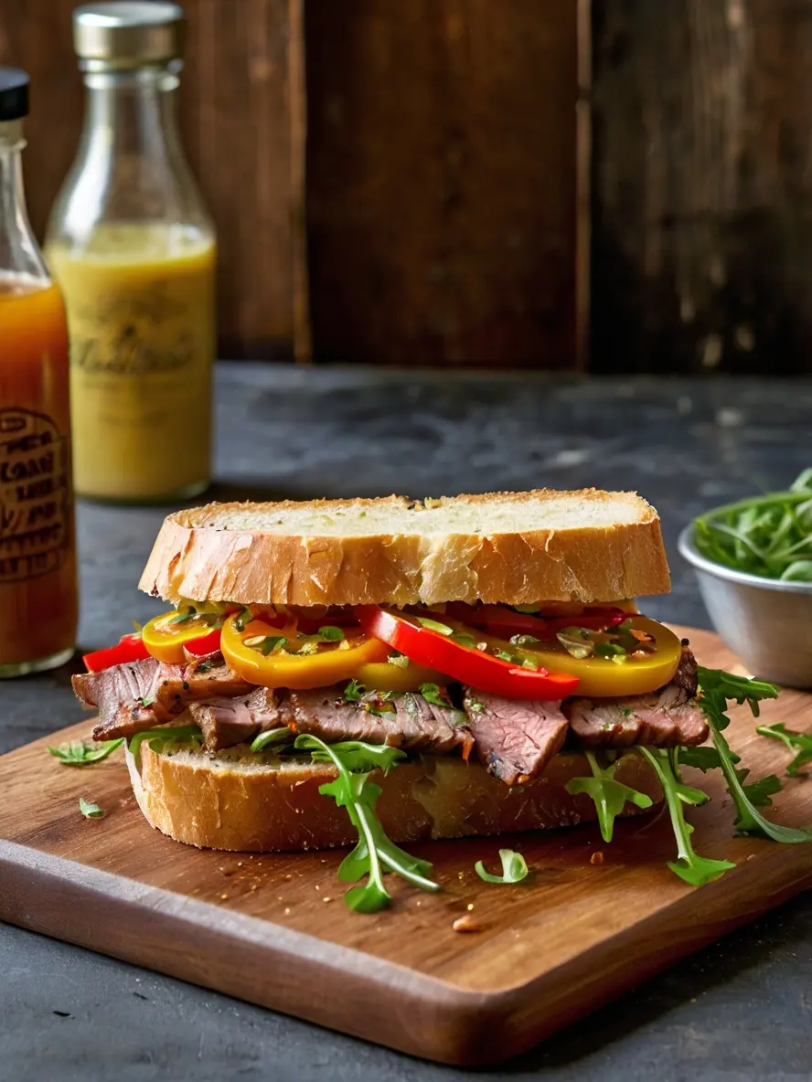 A stacked Mule El Cortez Sandwich copycat with roast beef, arugula, and colorful bell peppers on toasted bread, served on a wooden cutting board.