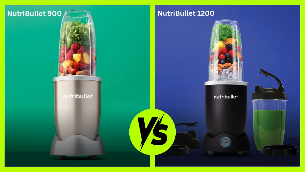 NutriBullet 900 vs 1200 Side-by-side comparison of NutriBullet 900 and 1200 blenders, showcasing colorful fruits and vegetables inside their blending containers.