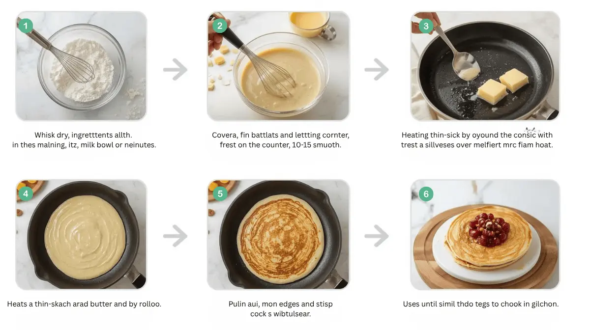 Step-by-step instructions for making pancakes, featuring mixing ingredients, cooking on a griddle, and serving with toppings.