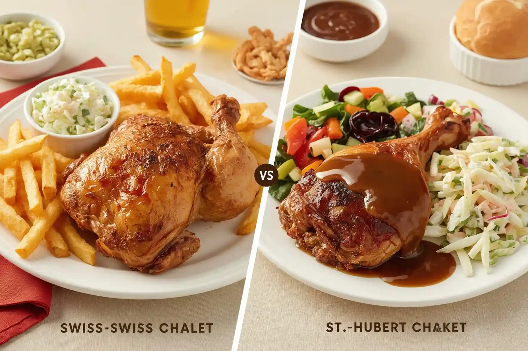 Two plates of rotisserie chicken: Swiss Chalet with fries and coleslaw, and St-Hubert with gravy, salad, and coleslaw, for a taste comparison.