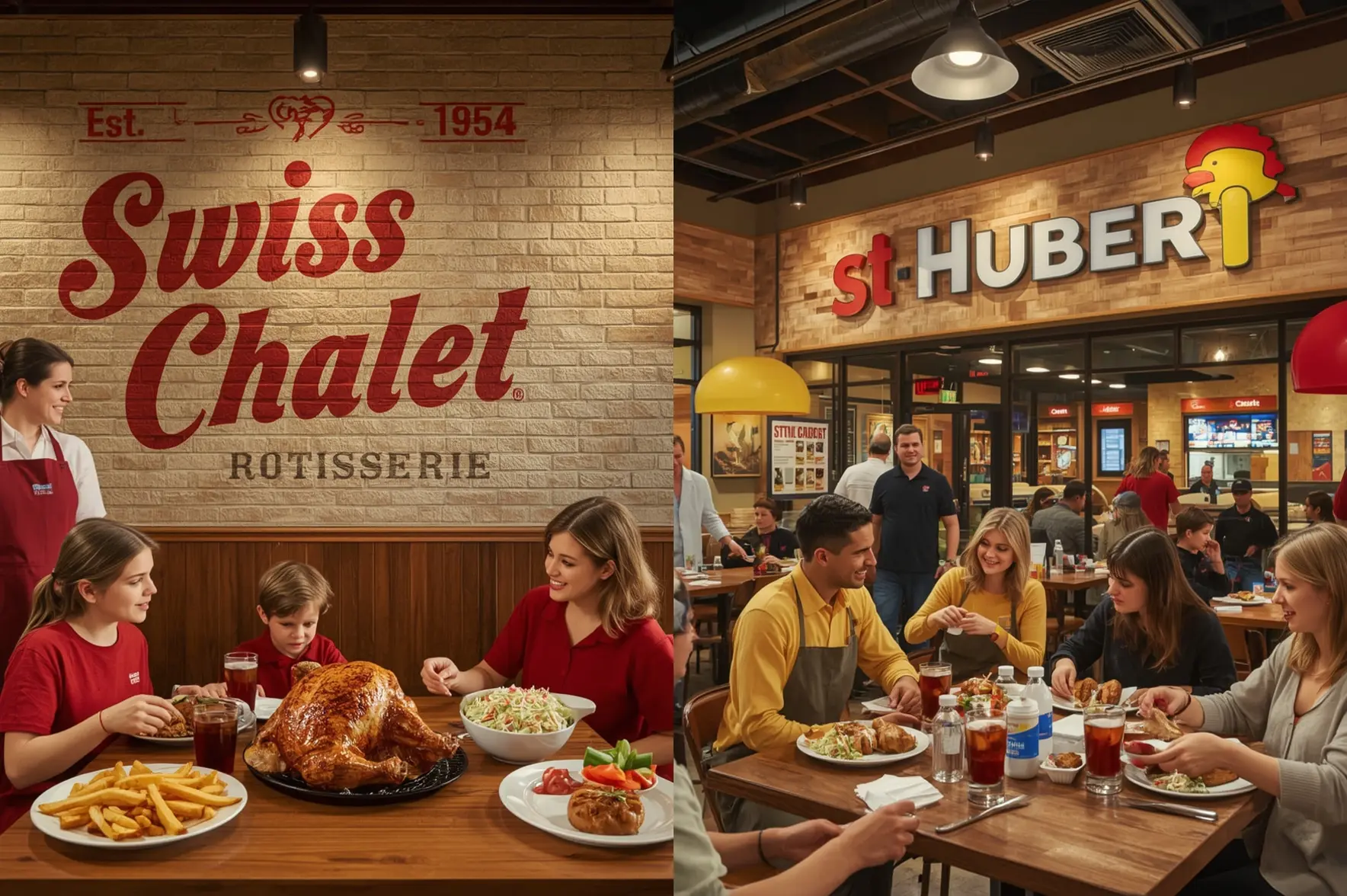 A dining scene featuring two restaurants: Swiss Chalet and St. Hubert, with families enjoying hearty meals and drinks.