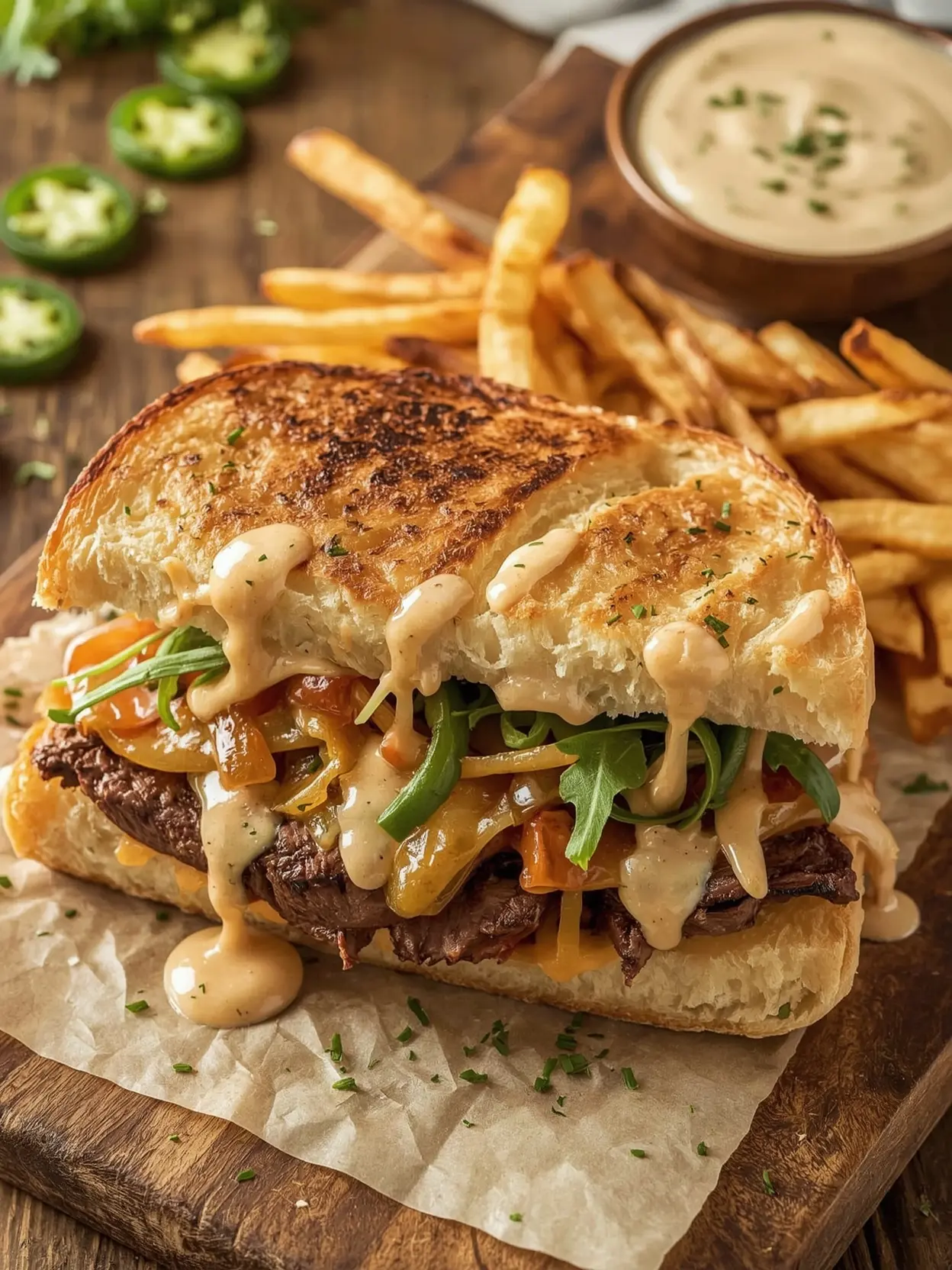 A savory sandwich filled with grilled steak, colorful peppers, and drizzled with sauce, served with crispy fries.