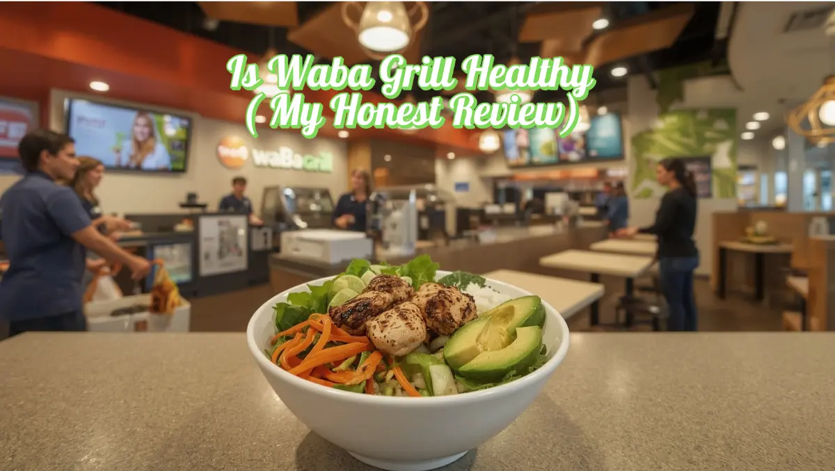 Waba Grill Review A bowl of fresh salad topped with grilled chicken, sliced avocado, and colorful veggies in a modern restaurant setting.