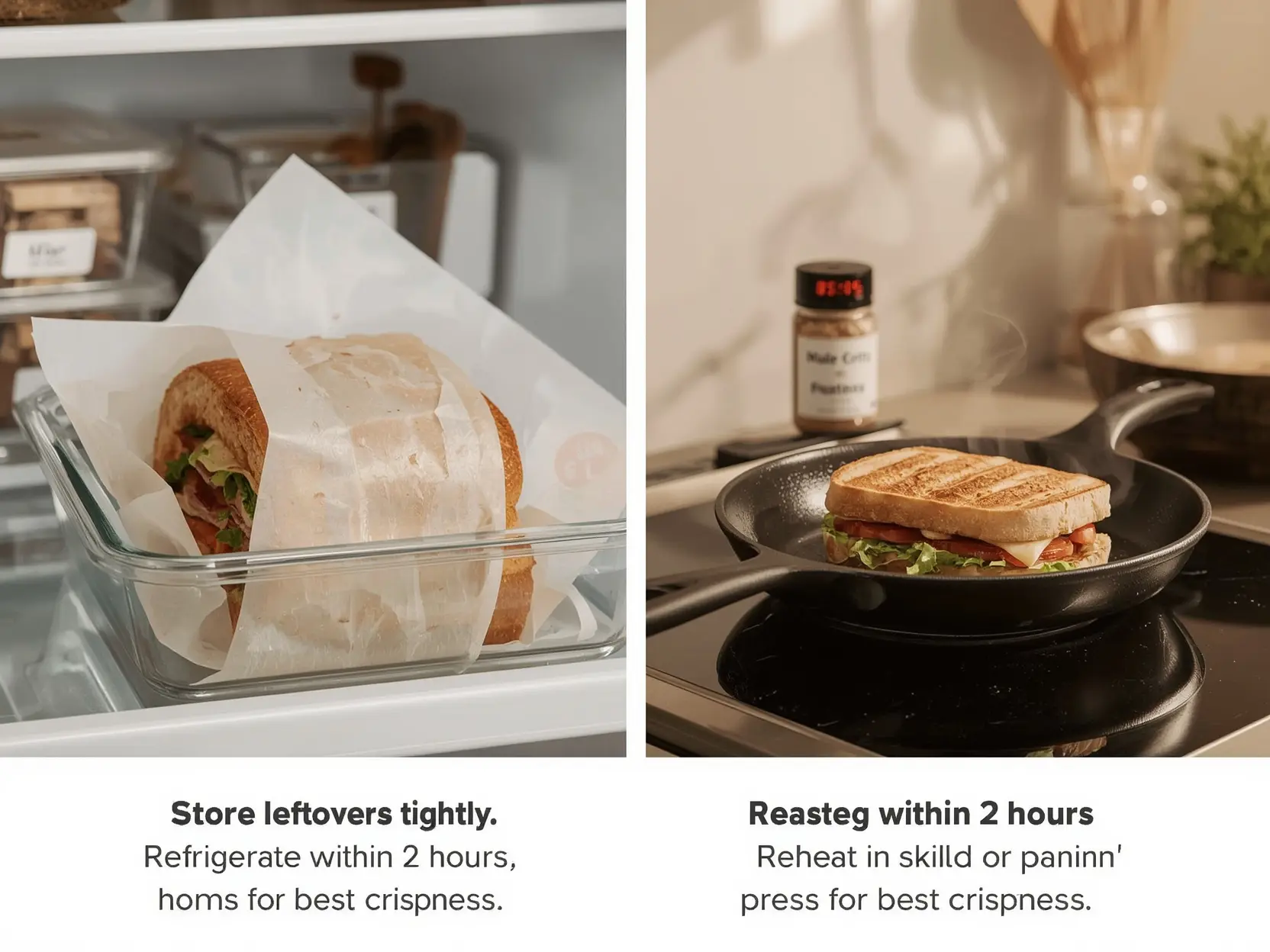 A sandwich stored in a glass container on the left and another sandwich being reheated in a skillet on the right, with tips for storage and reheating.