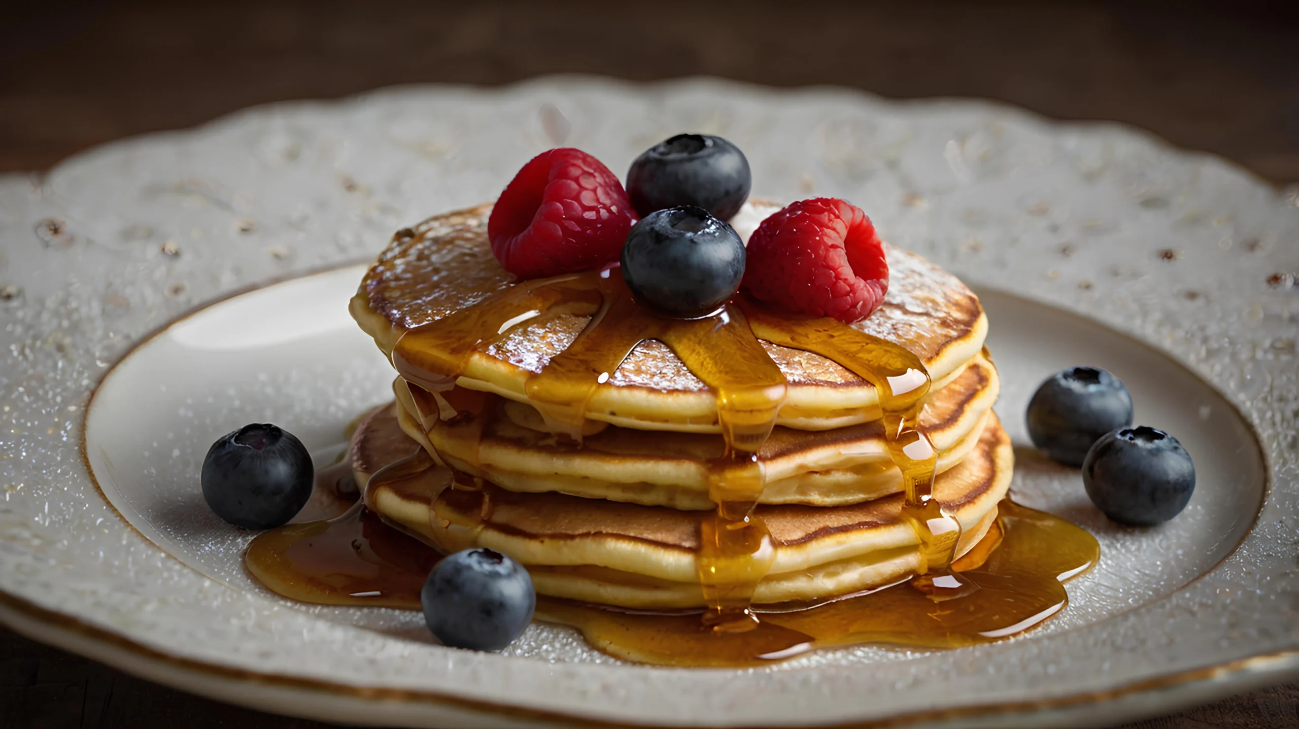 Stack of fluffy dutch pancake topped with fresh raspberries and blueberries, drizzled with syrup, served on an elegant plate.