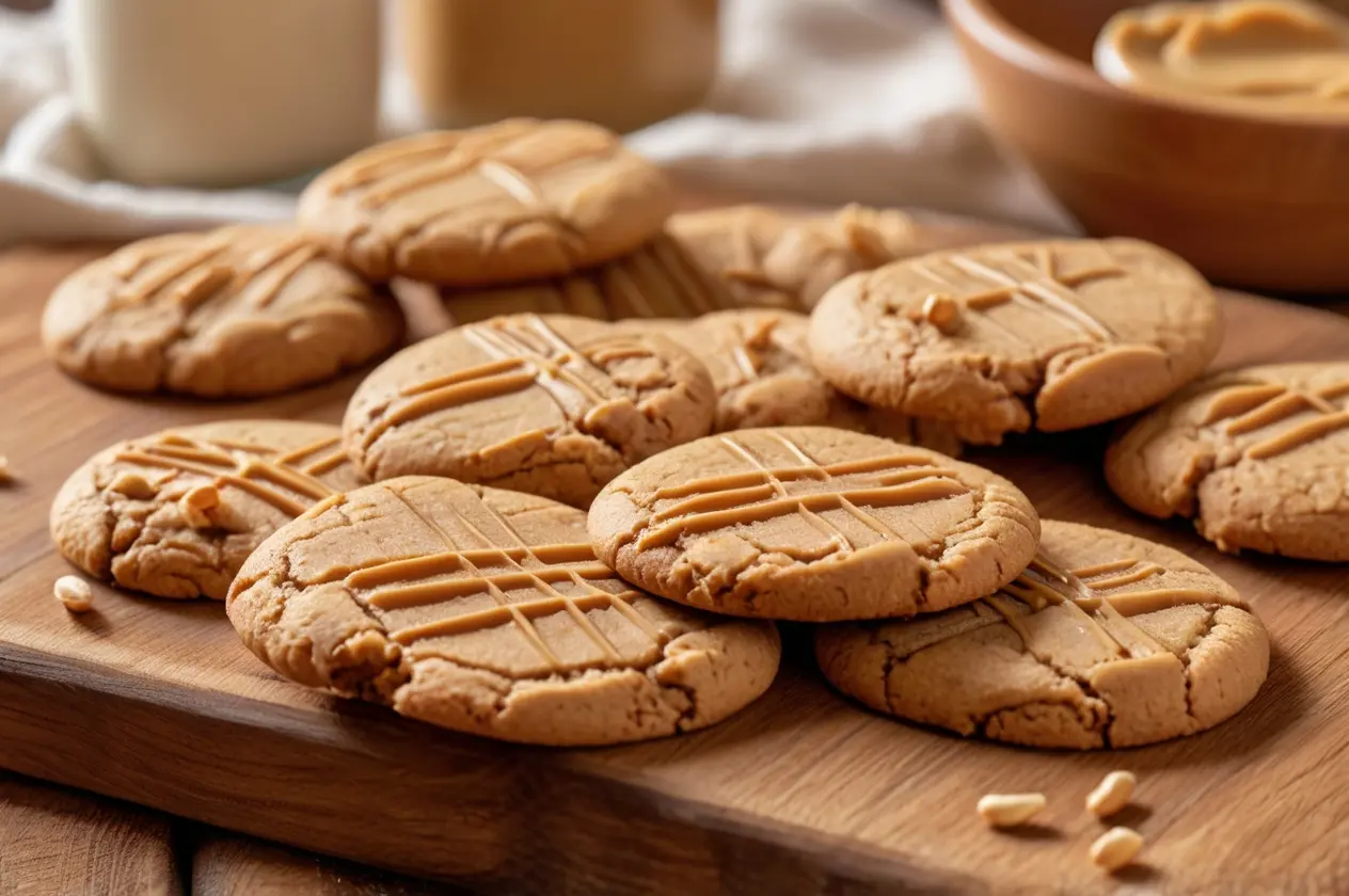 A close-up of rich, peanut butter cookies drizzled with caramel, arranged on a wooden board, with a bowl of peanut butter in the background.