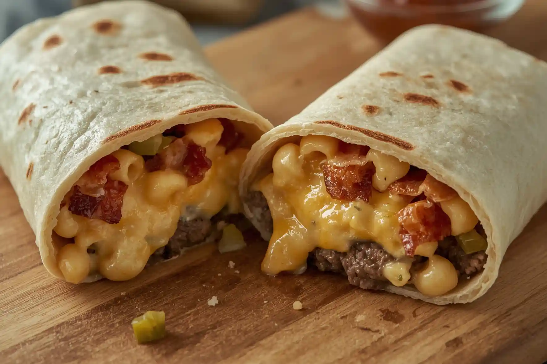 Close-up of a halved burrito filled with mac and cheese, ground beef, bacon bits, and pickles, resting on a wooden surface.