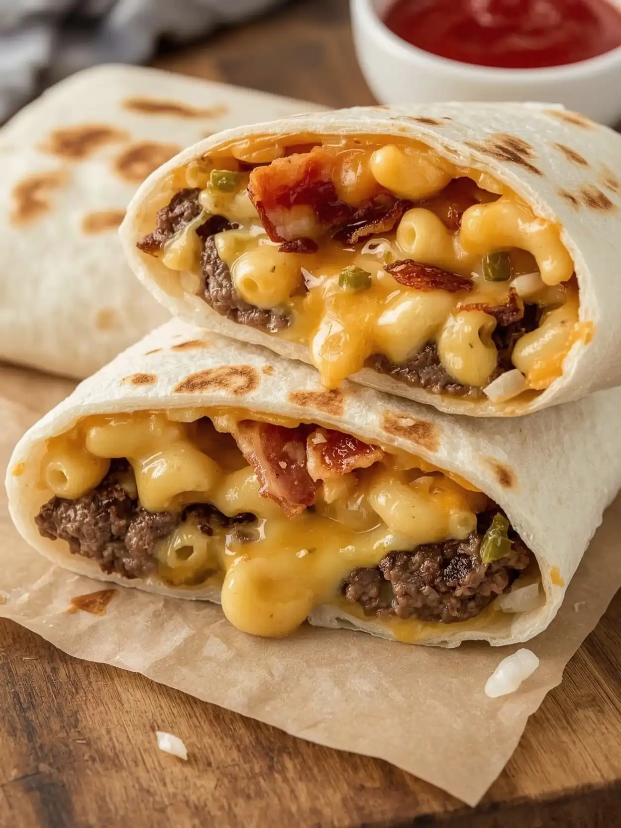 Bacon Mac N Cheese Burger Wrap Close-up of a Bacon Mac ‘n’ Cheese Burger Wrap sliced in half, showing a juicy beef patty, creamy melted cheddar mac ‘n’ cheese, and crispy bacon wrapped in a toasted flour tortilla on a wooden board.