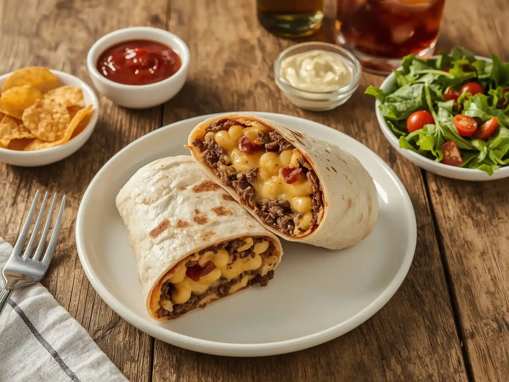Bacon Mac ‘n’ Cheese Burger Wrap with Chips and Fresh Salad Bacon Mac ‘n’ Cheese Burger Wrap sliced in half on a white plate, served with crispy tortilla chips and a fresh green salad with cherry tomatoes, perfect for a quick and tasty meal.