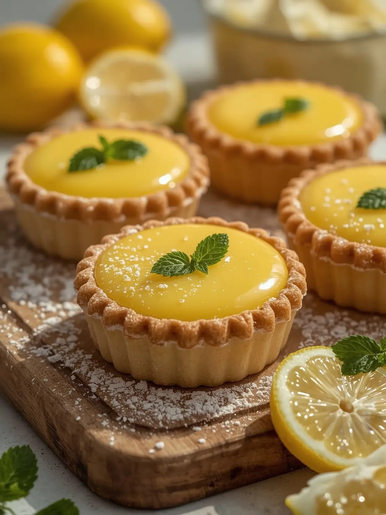 Delicious Baby Lemon Pies Recipe Easy Mini Lemon Custard Tarts Four lemon tarts with glossy custard and mint leaves, surrounded by fresh lemons and powdered sugar on a wooden cutting board.