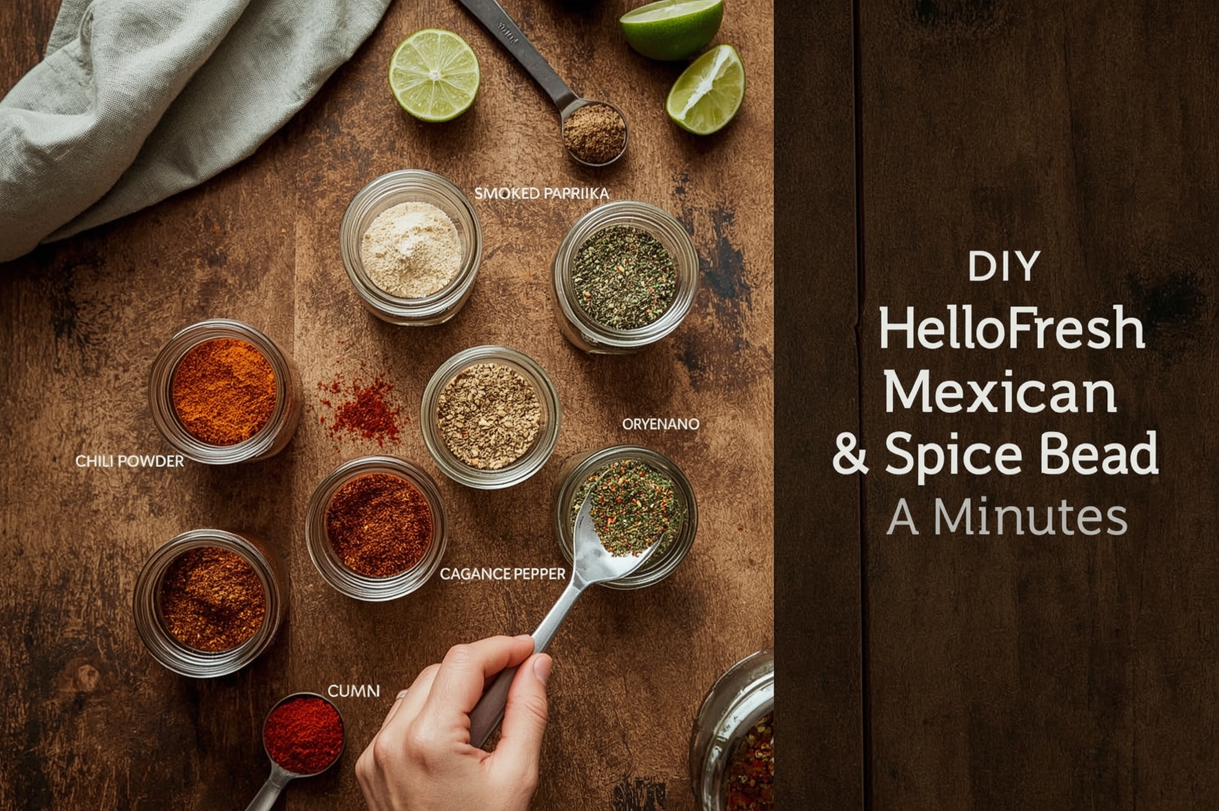 Home Made Hello Fresh Mexican Spice Blend A hand with a spoon gathers various spices in glass jars on a wooden surface, featuring a lime and text about a DIY Hello Fresh spice mix.