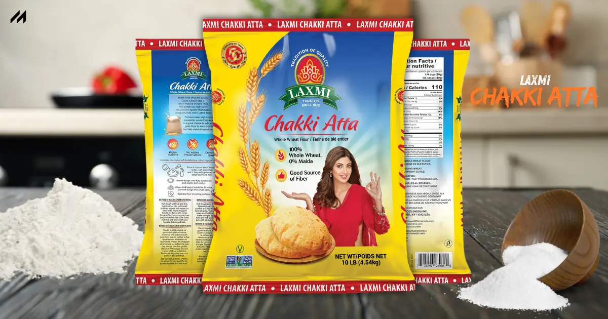 Laxmi Chakki Atta packaging featuring whole wheat flour, health information, and a bowl of flour in a kitchen setting.