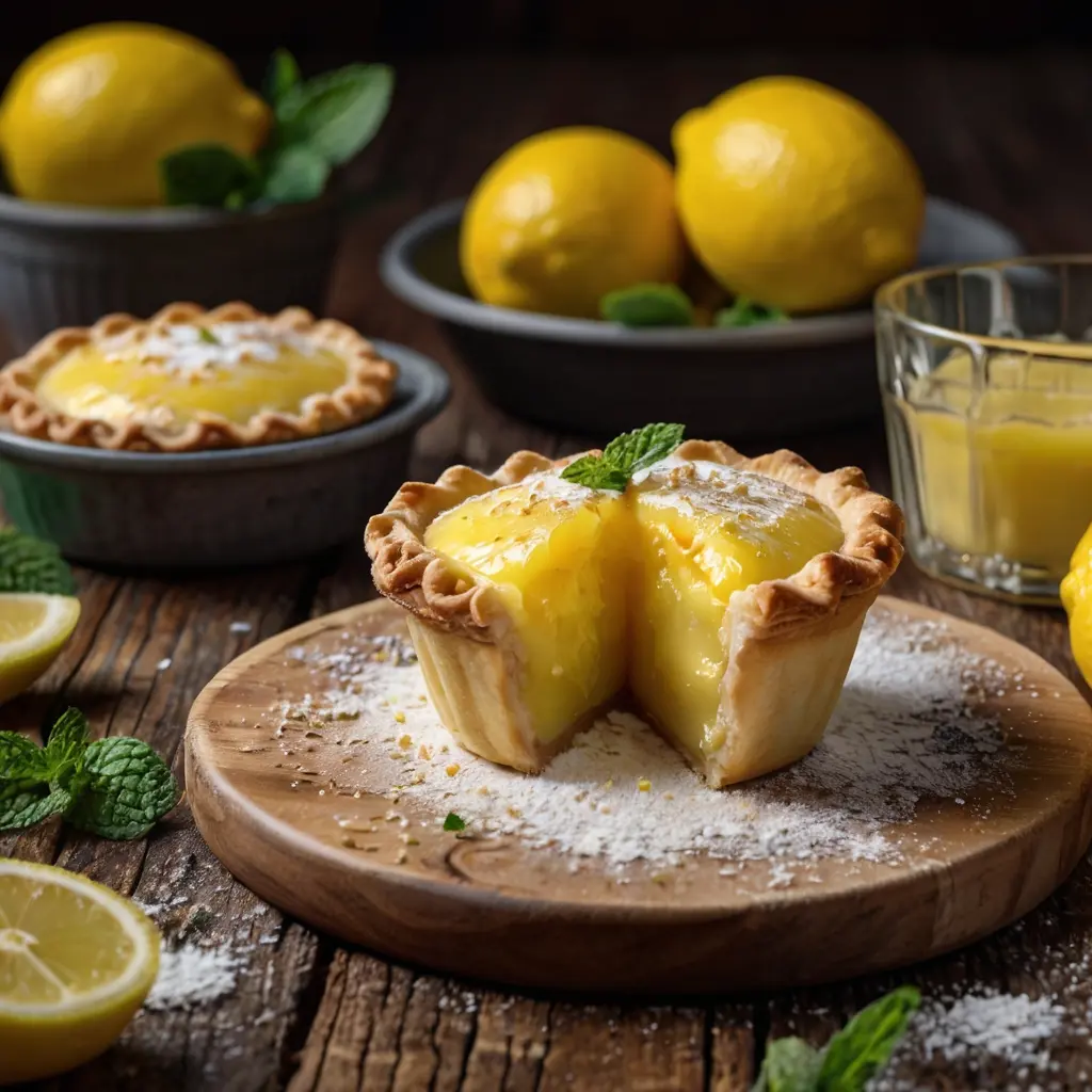 Lemon tarts with creamy filling, garnished with mint, surrounded by lemons and powdered sugar on a rustic wooden table.