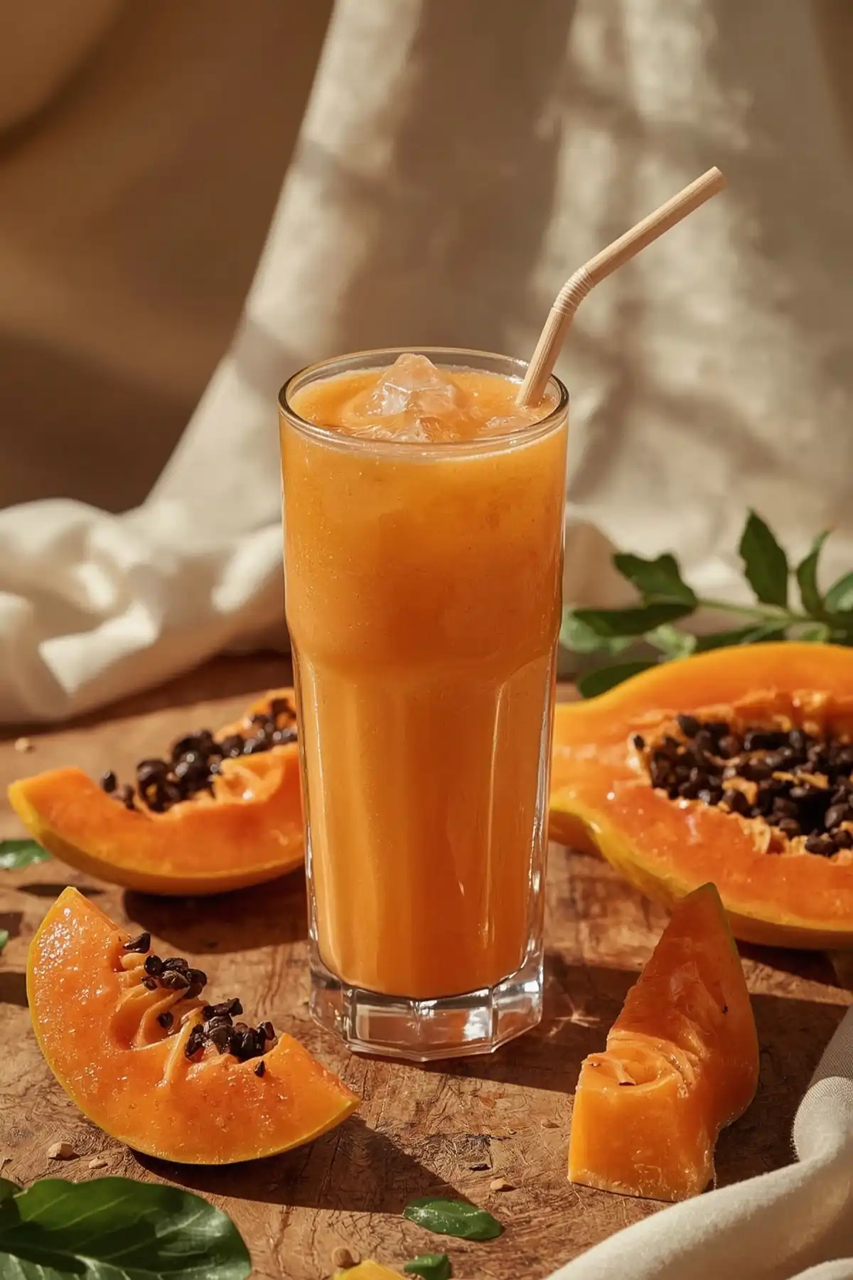 A tall glass of fresh papaya shake with ice cubes and a straw, surrounded by sliced ripe papaya with seeds, promoting a healthy weight loss drink.