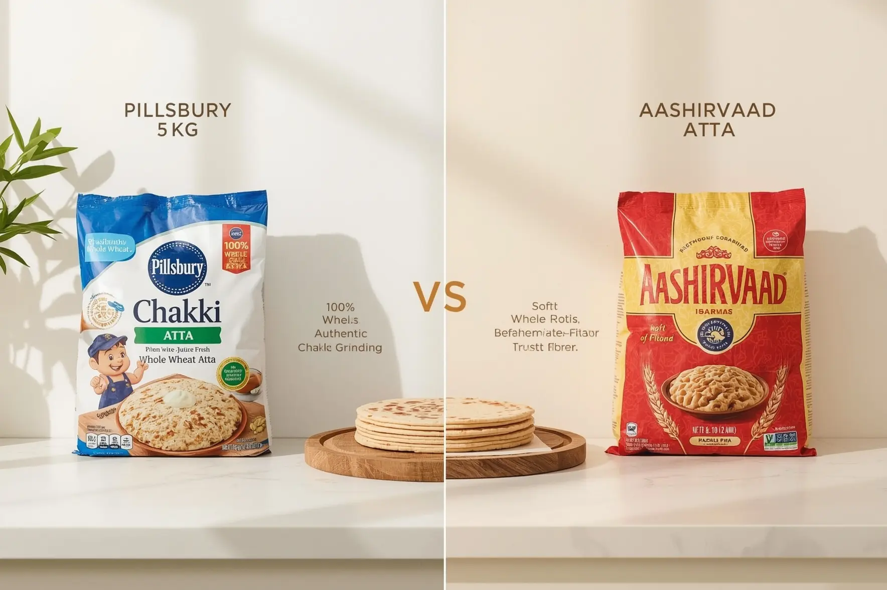 Two brands of whole wheat flour - Pillsbury ChakkI Atta in blue packaging and Aashirvaad Atta in red, displayed with freshly made rotis.