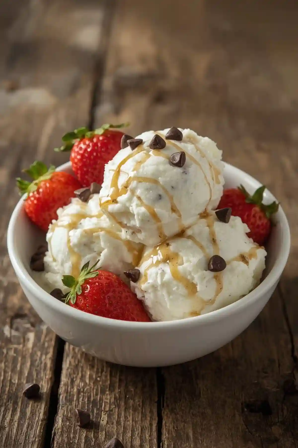 creamy-cottage-cheese-high-protein-ice-cream-honey-chocolate-chips Creamy high-protein cottage cheese ice cream topped with honey drizzle and chocolate chips, served in a white bowl.