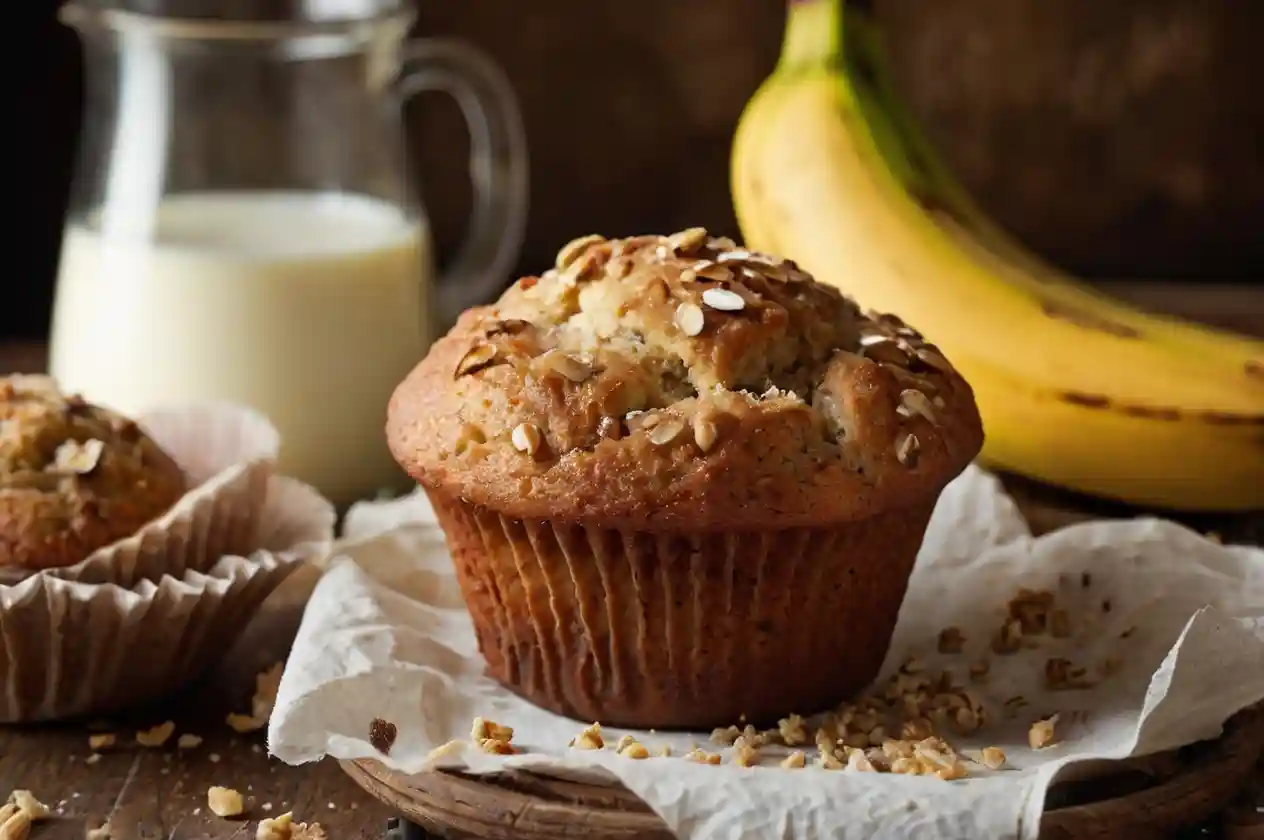 A freshly baked Banana muffin topped with oats sits on parchment paper, with a glass of milk and a ripe banana in the background.