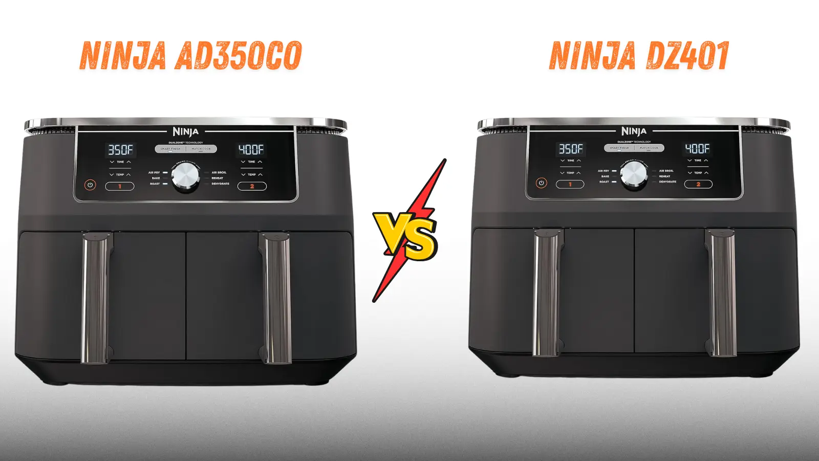 Side-by-side comparison of Ninja AD350CO vs Ninja DZ401 dual-basket air fryers highlighting design and control panel differences.