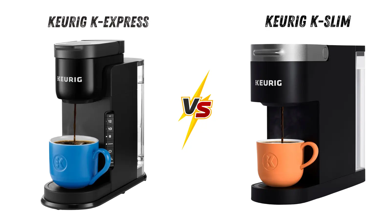 Keurig K-Express vs K-Slim Coffee Maker Keurig K-Express vs and Keurig K-Slim coffee makers with coffee being brewed.