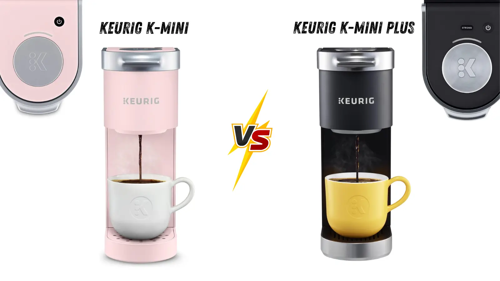 Keurig K-Mini vs K-Mini Plus Coffee Maker comparison with a pink K-Mini on the left and a black K-Mini Plus on the right, showing coffee brewing in cups.