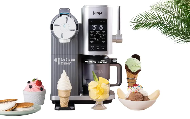 Ninja CREAMi Scoop & Swirl ice cream maker with soft-serve cone, sundae bowl, and sorbet on a white background.