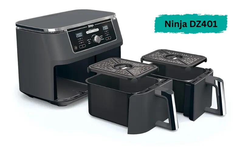 Ninja DZ401 DualZone Air Fryer with two removable baskets, crisper plates, and digital control panel.