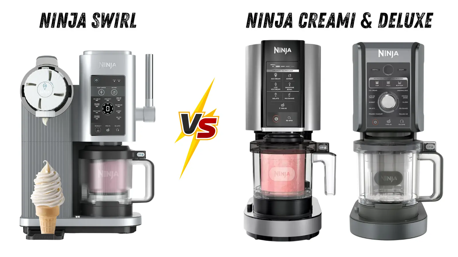 Ninja Swirl vs Ninja Creami ice cream maker comparison showing soft serve machine versus Creami and Creami Deluxe frozen dessert makers