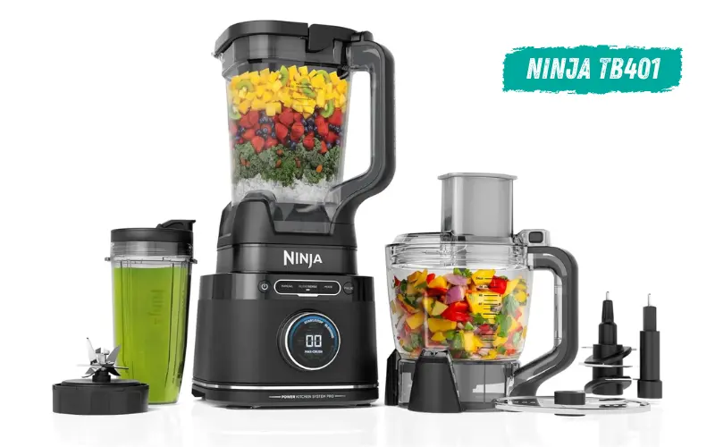 Ninja TB401 Blender Ninja TB401 blender system with full-size blender jar, food processor bowl, single-serve cup, and blade attachments on a white background