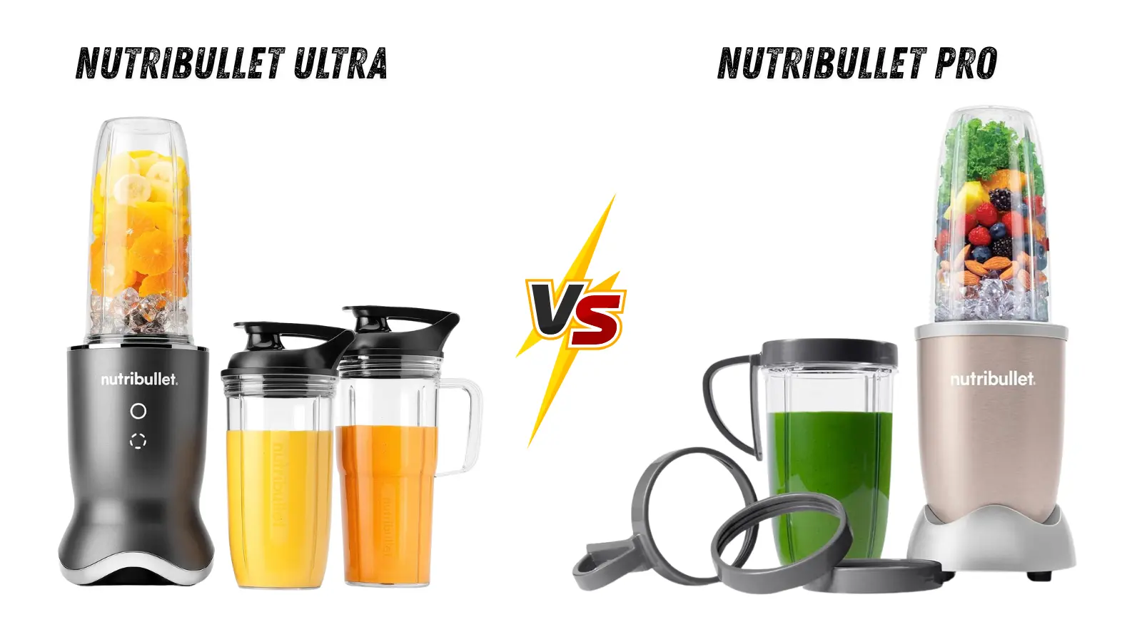 NutriBullet Ultra vs Pro Blender NutriBullet Ultra vs Pro blenders, showing the two models side by side with smoothie jars and ingredients.