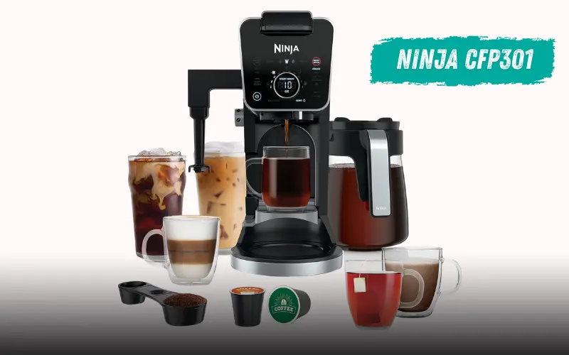Ninja CFP301 Coffee Maker with various coffee and tea cups, iced drinks, coffee pods, and accessories.