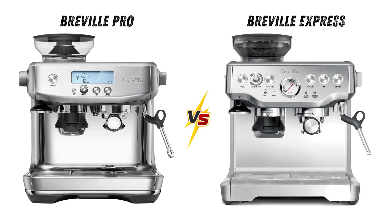 Breville Barista Pro vs Express espresso machines side by side, showing control panels, built-in grinders, and stainless steel design.