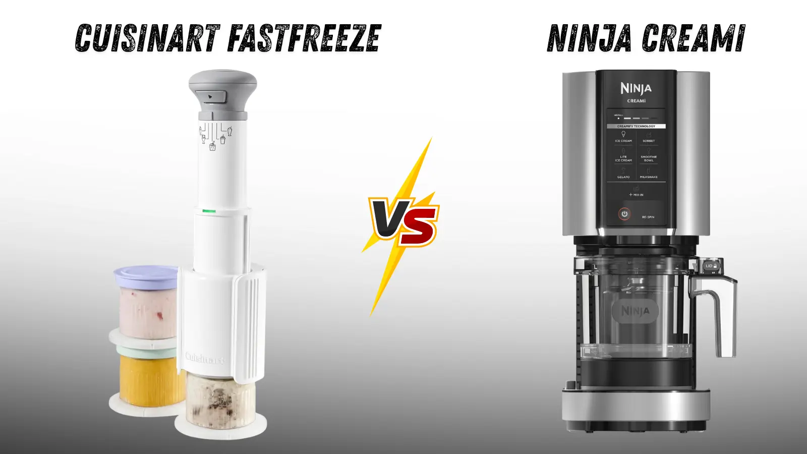 Cuisinart FastFreeze vs Ninja Creami Ice Cream Maker Cuisinart FastFreeze vs Ninja Creami ice cream maker comparison showing compact FastFreeze cups and Ninja Creami countertop machine side by side