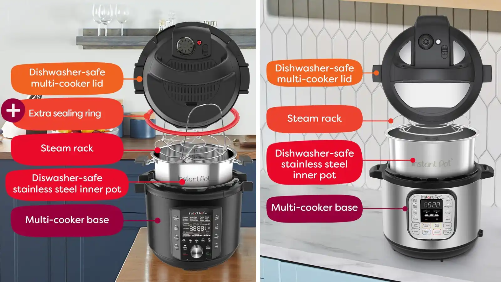 Instant Pot Pro vs Instant Pot Duo Cooking Functions Instant Pot Pro vs Instant Pot Duo cooking functions comparison showing lid, steam rack, inner pot, and base components