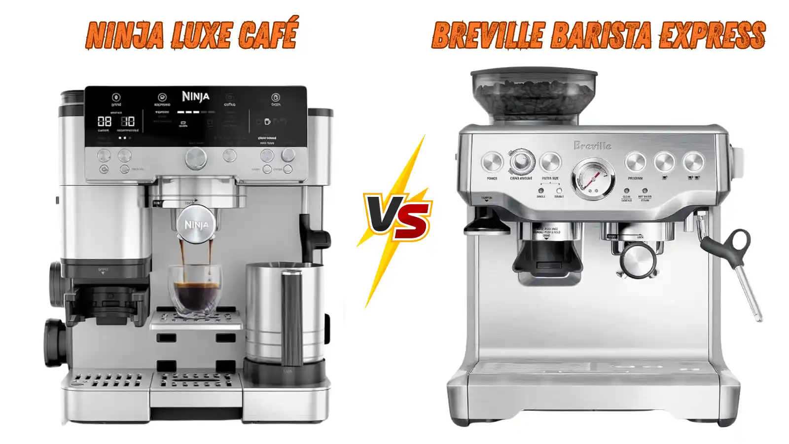 Ninja Luxe Café vs Breville Barista Express espresso machines side by side showing design and control differences