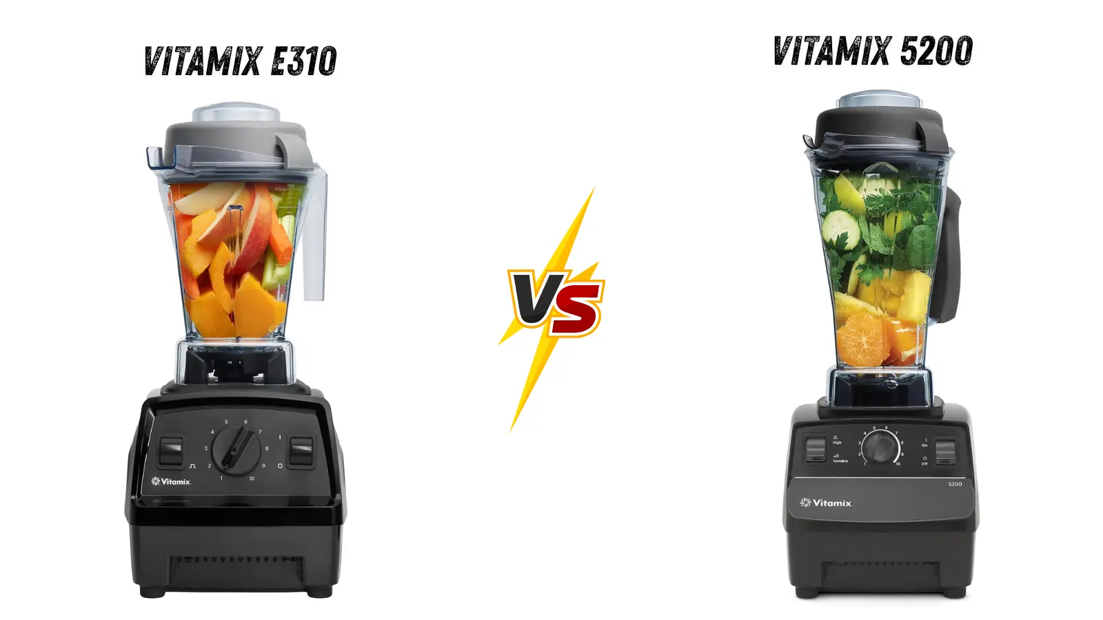 Vitamix E310 vs 5200 Blender Vitamix E310 vs Vitamix 5200 blender comparison showing both blenders side by side with fresh fruits and vegetables in the jars