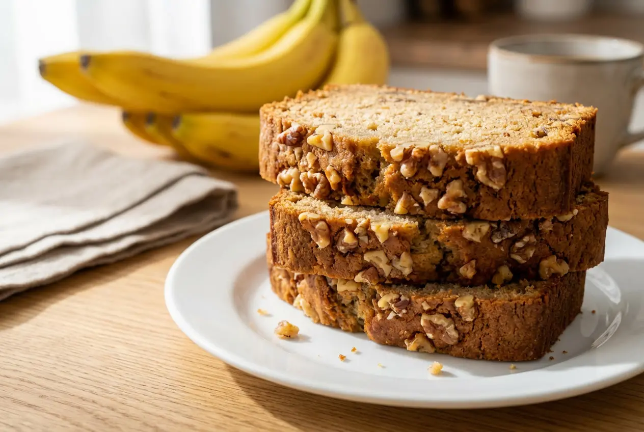Starbucks-style banana bread slices with walnuts on a white plate, moist and golden brown